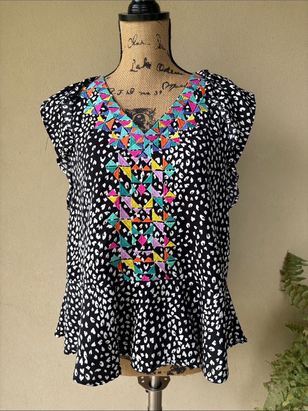 THML Black & White Printed Flutter Sleeve Top with Multicolor Embroidery